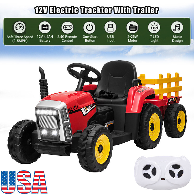 12V Kids Electric Tractor Battery-Powered Ride On Car w/Trailer+Remote Control