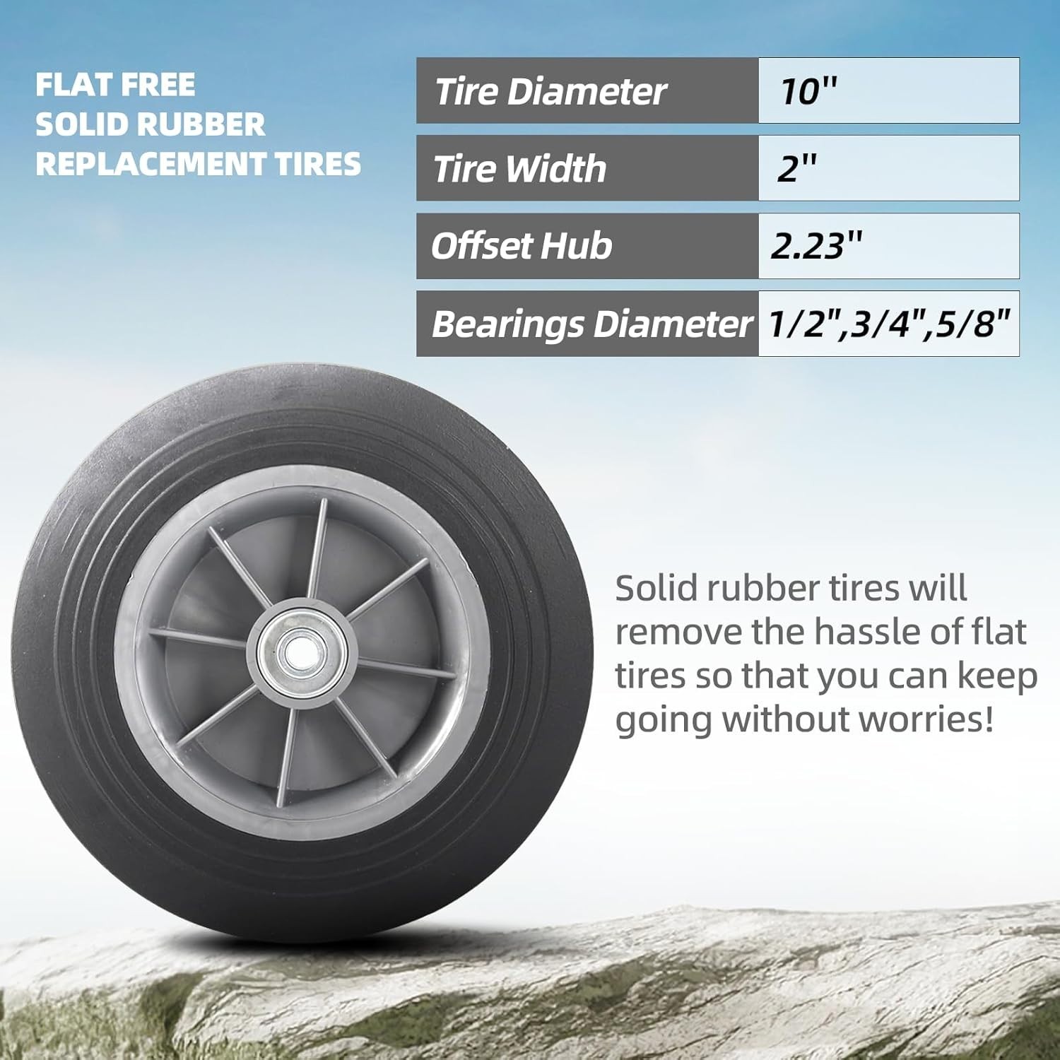 2-Pack 10×2 Flat Free Solid Rubber Tires for Dolly Hand Trucks Wheelbarrows