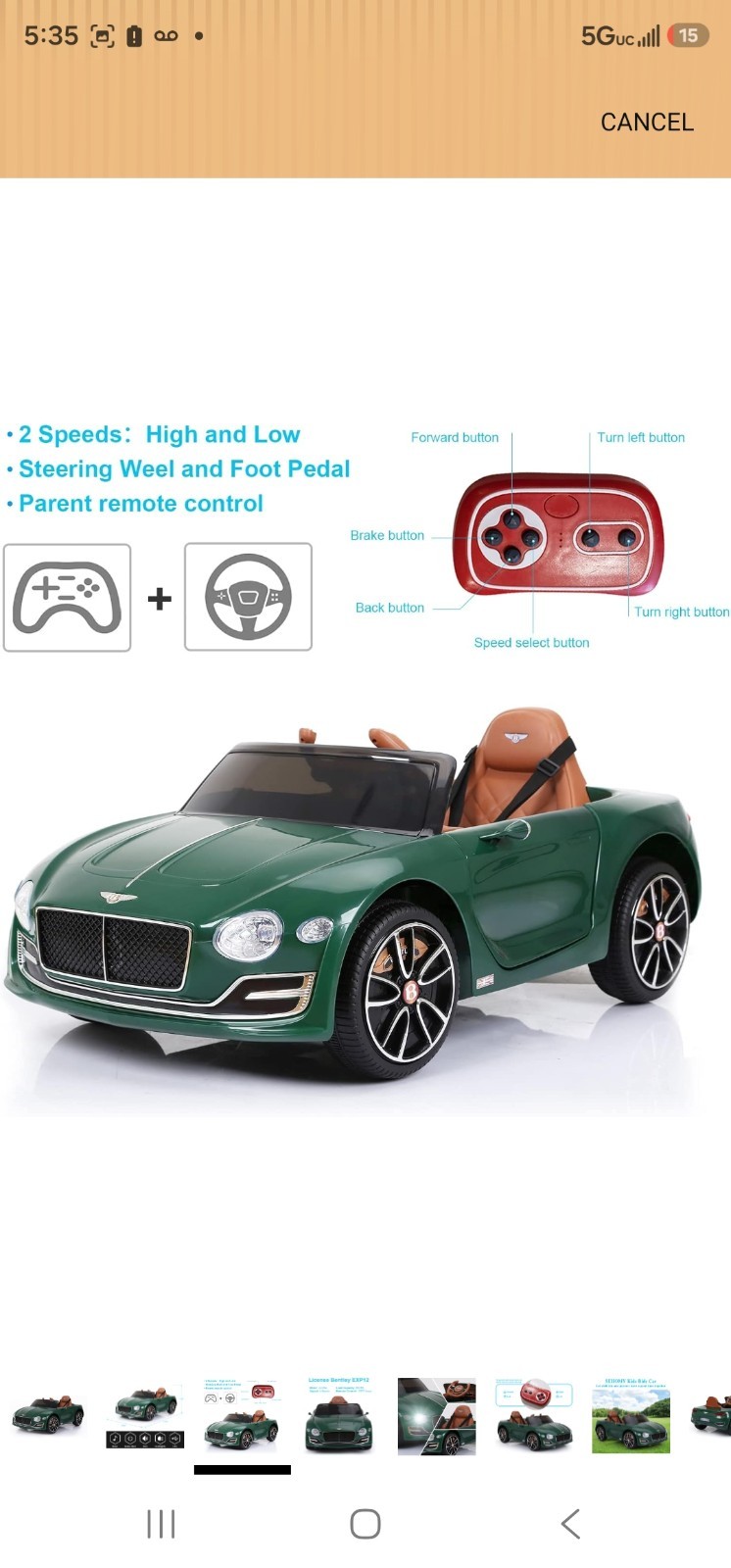 Full Assembled, Gently Used Bentley Green Battery Powered Ride-On Car