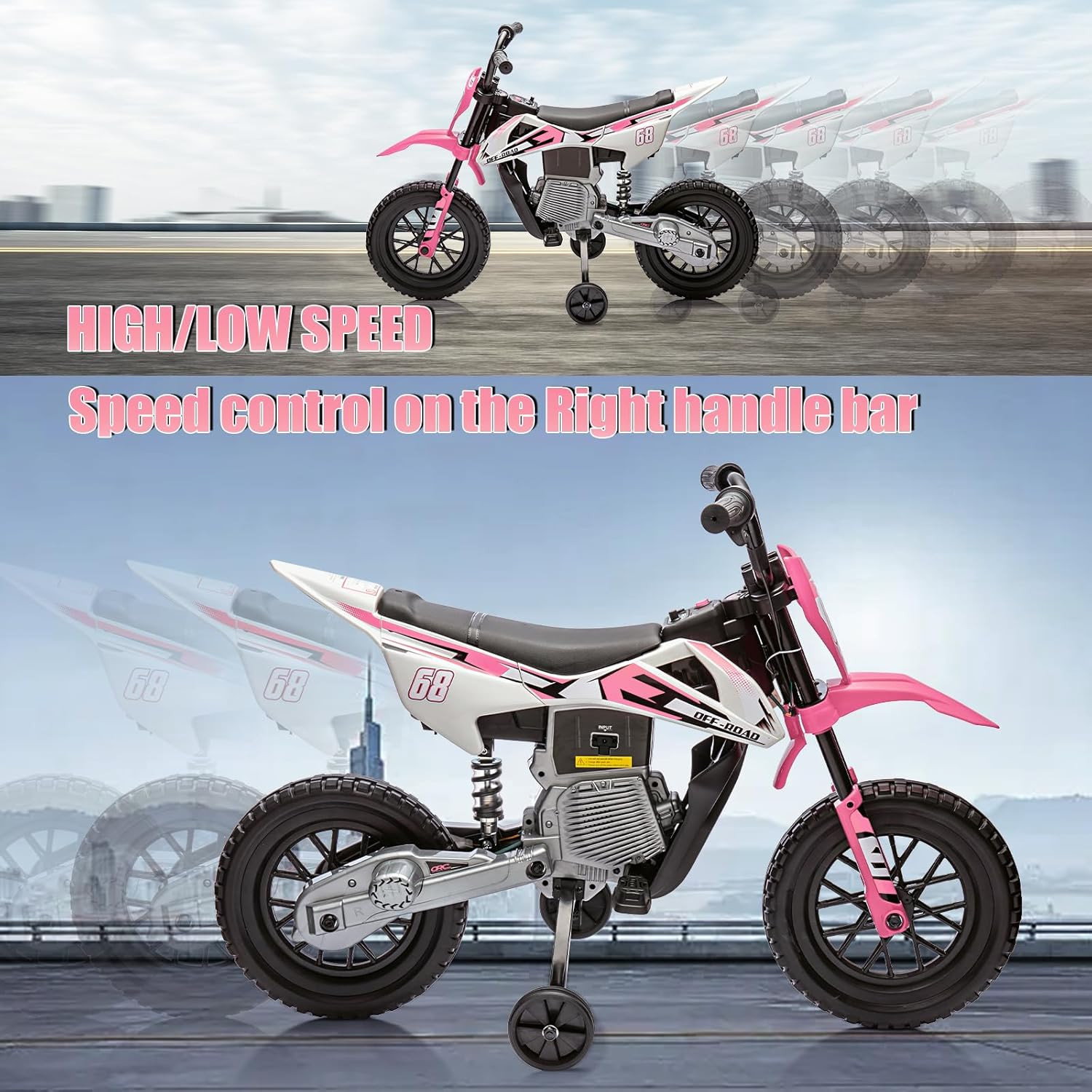 12V Kids Electric Dirt Bike with Training Wheels, Twist Grip Throttle, 3 Mph Max