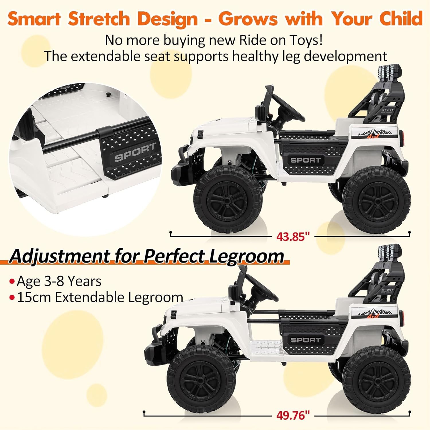 24V 4WD Kids Ride-On Car, Extendable Body & 3 Speeds for Big Kids Ages 3+, White
