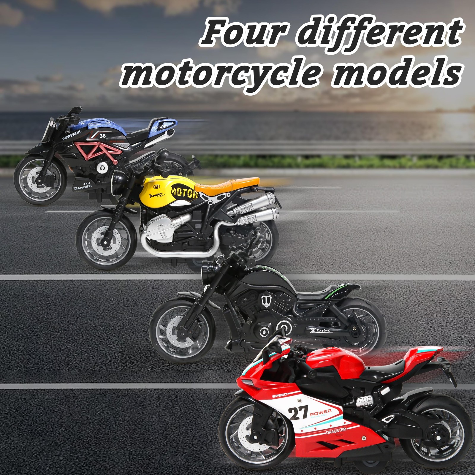 4-Pack Pull-Back Motorcycle Toys – Friction Powered Kids Toy Cars with Lights…