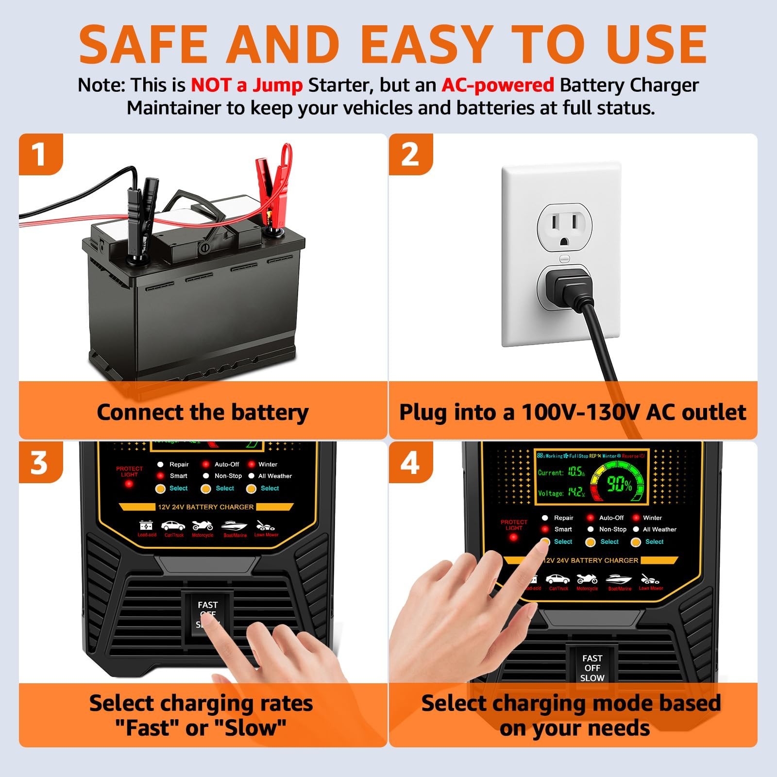 PLXX 12V 24V 0-15A Automatic Car Battery Charger Heavy Duty, Smart Trickle Ch…