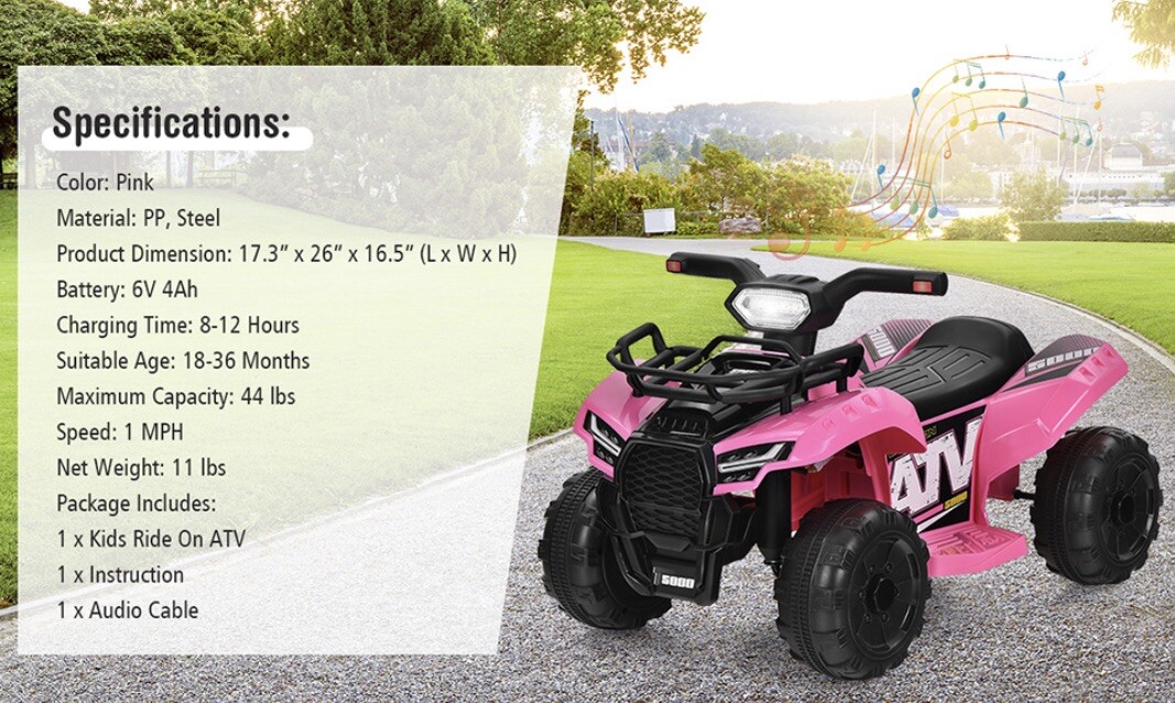 Pink Electric Kids ATV – Ride-On Car with LED Lights & MP3 Player