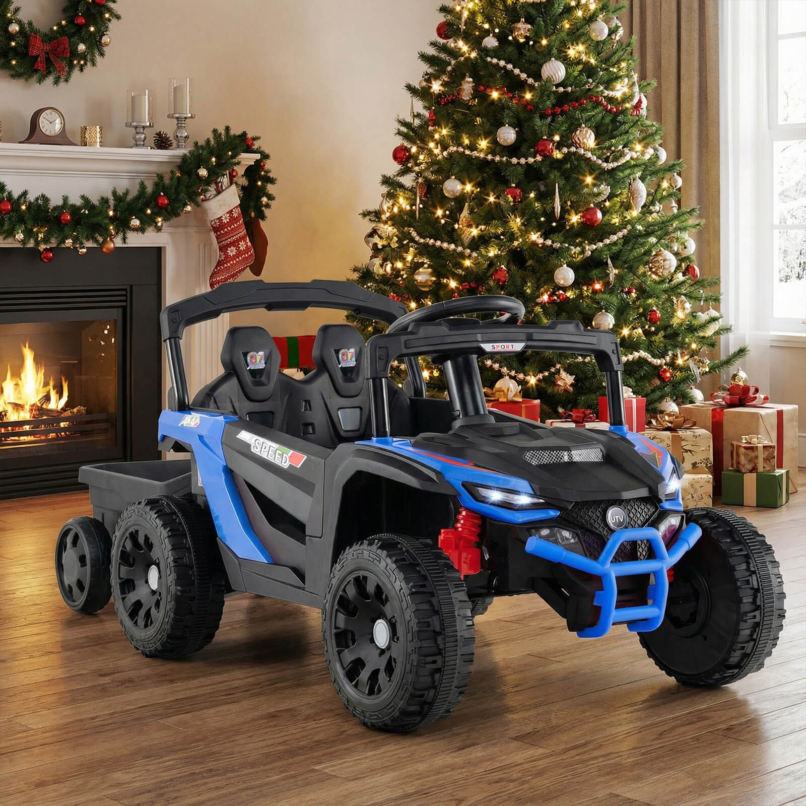 12V Kids Ride On UTV w/Detachable Trailer, Remote Control, 3 Speeds, LED Lights
