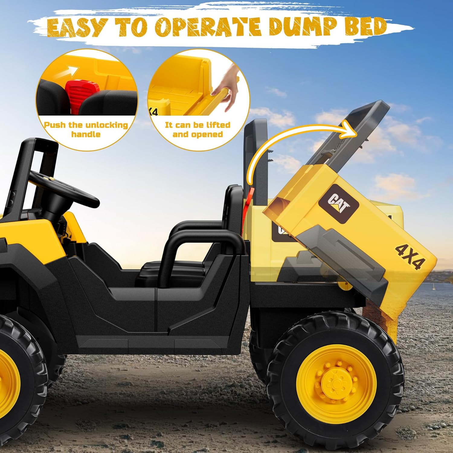 2 Seater Licensed Caterpillar Ride on Dump Truck, 24V Ride on Toys with 4×100W M