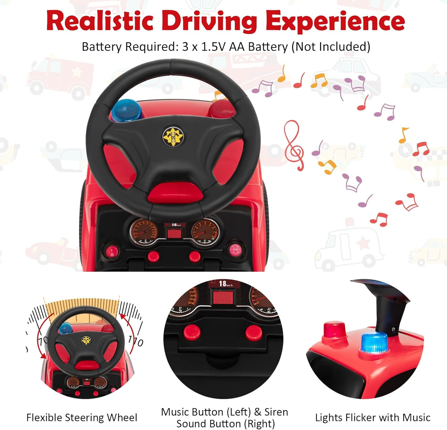 Kids Ride On Fire Truck Foot-to-Floor Sliding Car for Toddlers w/ Sounds & Music