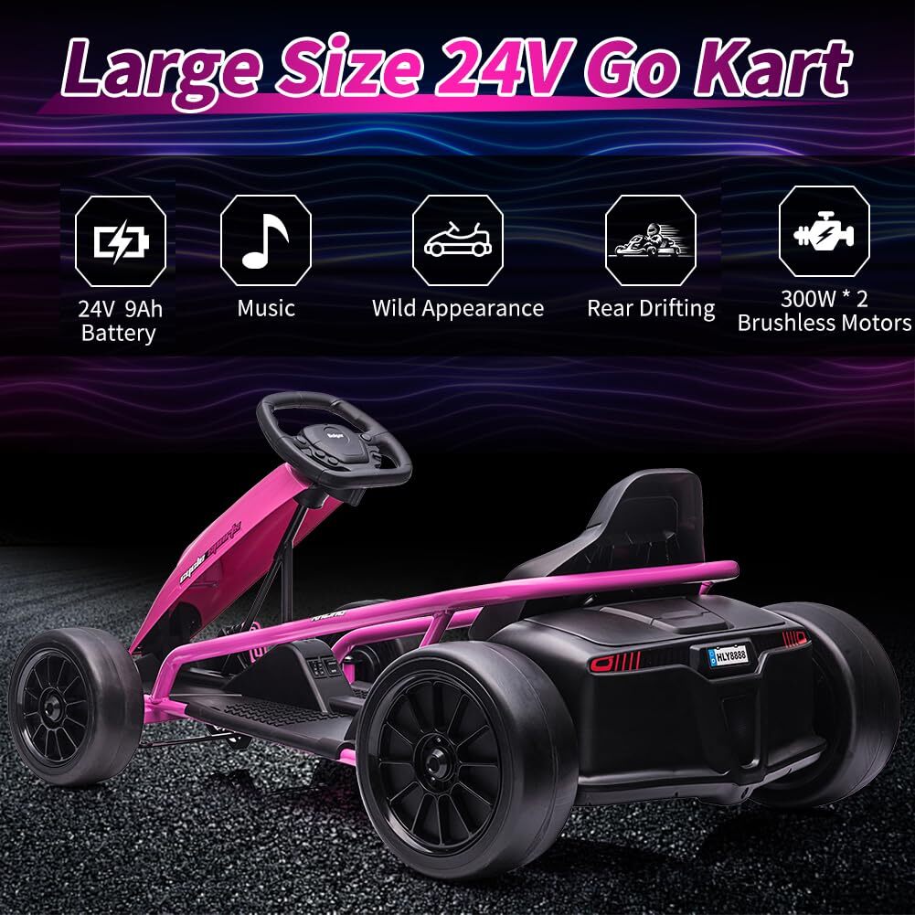 24V Go Kart 300W*2 Extra Powerful Motors 9Ah Large Battery for Kids 8-12 Years
