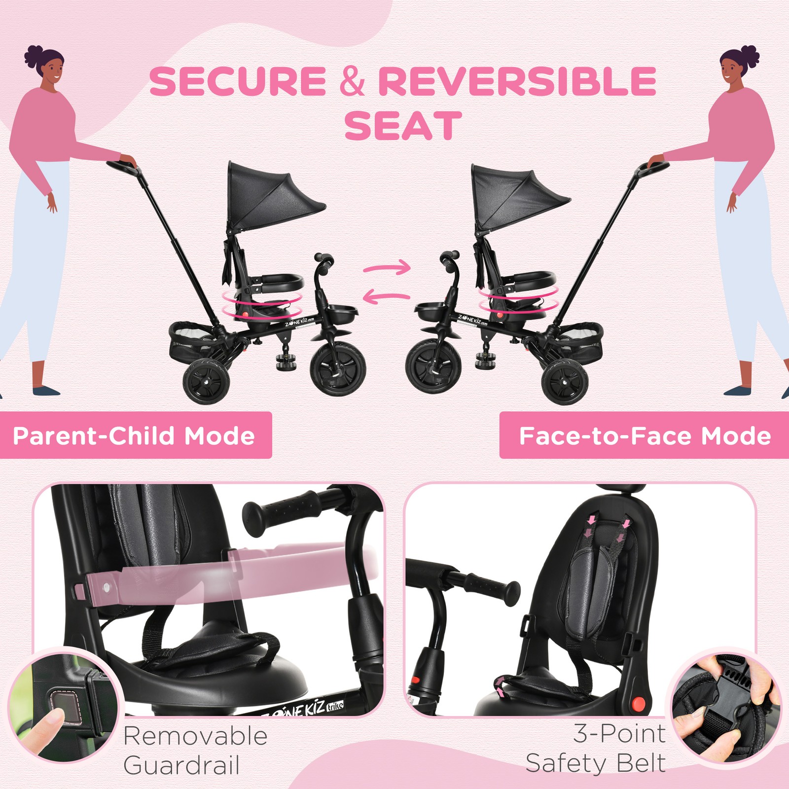 Kids Tricycle 4 in 1 Trike with Reversible Seat, Black