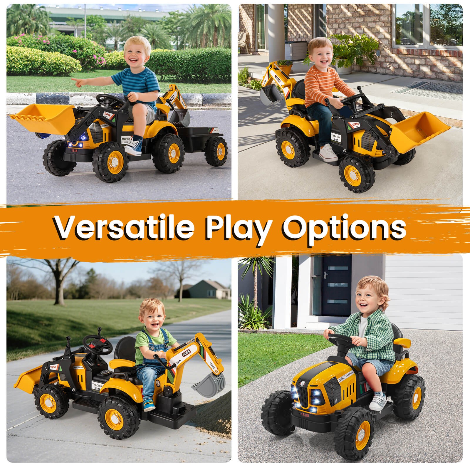 4 in 1 Ride on Tractor, Excavator & Bulldozer for Kids, Trailer, Shovel Bucket