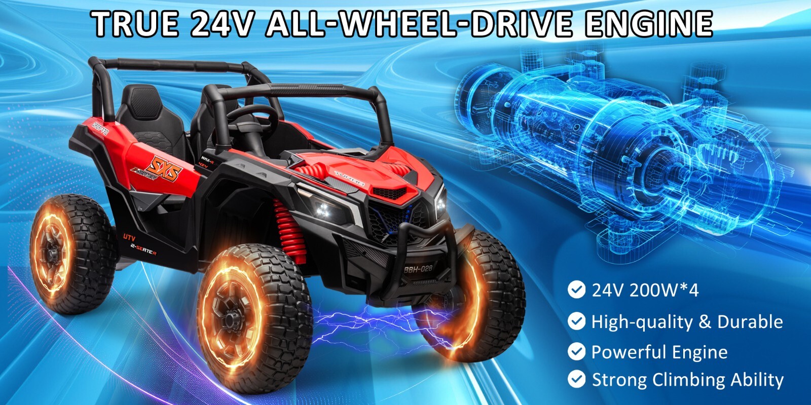 ZEOPHOL 24V Battery Kids Ride On Car UTV Truck 4WD 2-Seater 200W*2+120W*2 Red