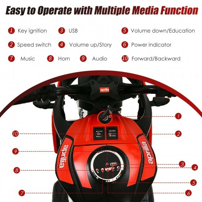 Aprilia Licensed Electric Toddler Ride-On Motorbike with Wheels and LED