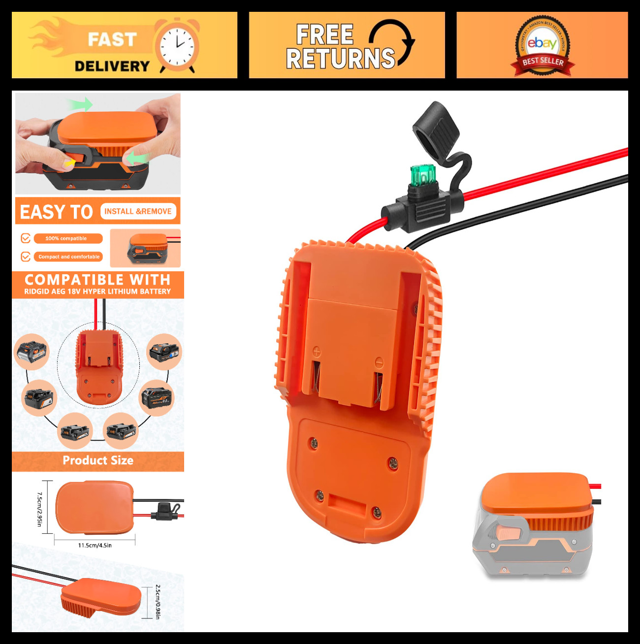 Power Wheels Adapter for 18V Battery, Hyper Dock Connector, 14AW Wire & Fuse, DI