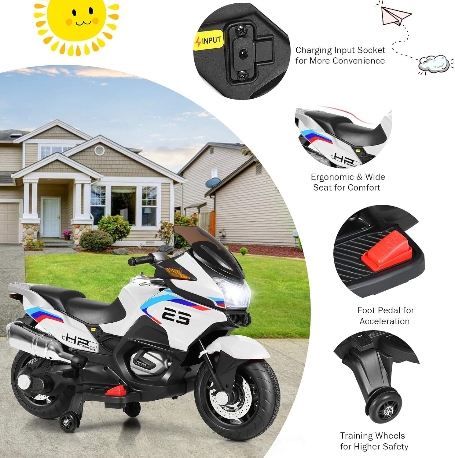 12V Kids Motorcycle, Battery Powered Electric Vehicle for Kids, Training Wheels,