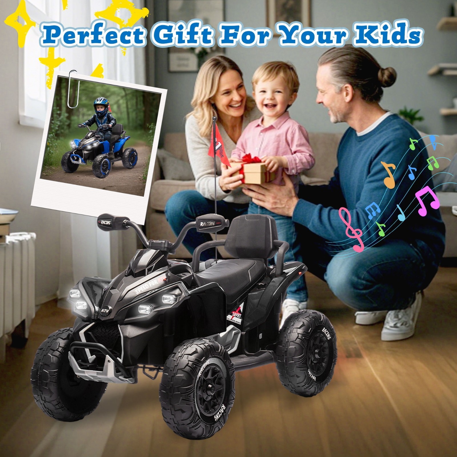 24V Kids Electric ATV Ride On Car W/Remote,LED,Battery Power Wheels Toys,Black