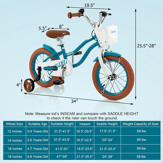 12 Inch Kids Bike Adjustable with Removable Basket for 3-4 Years Old-12 inches –