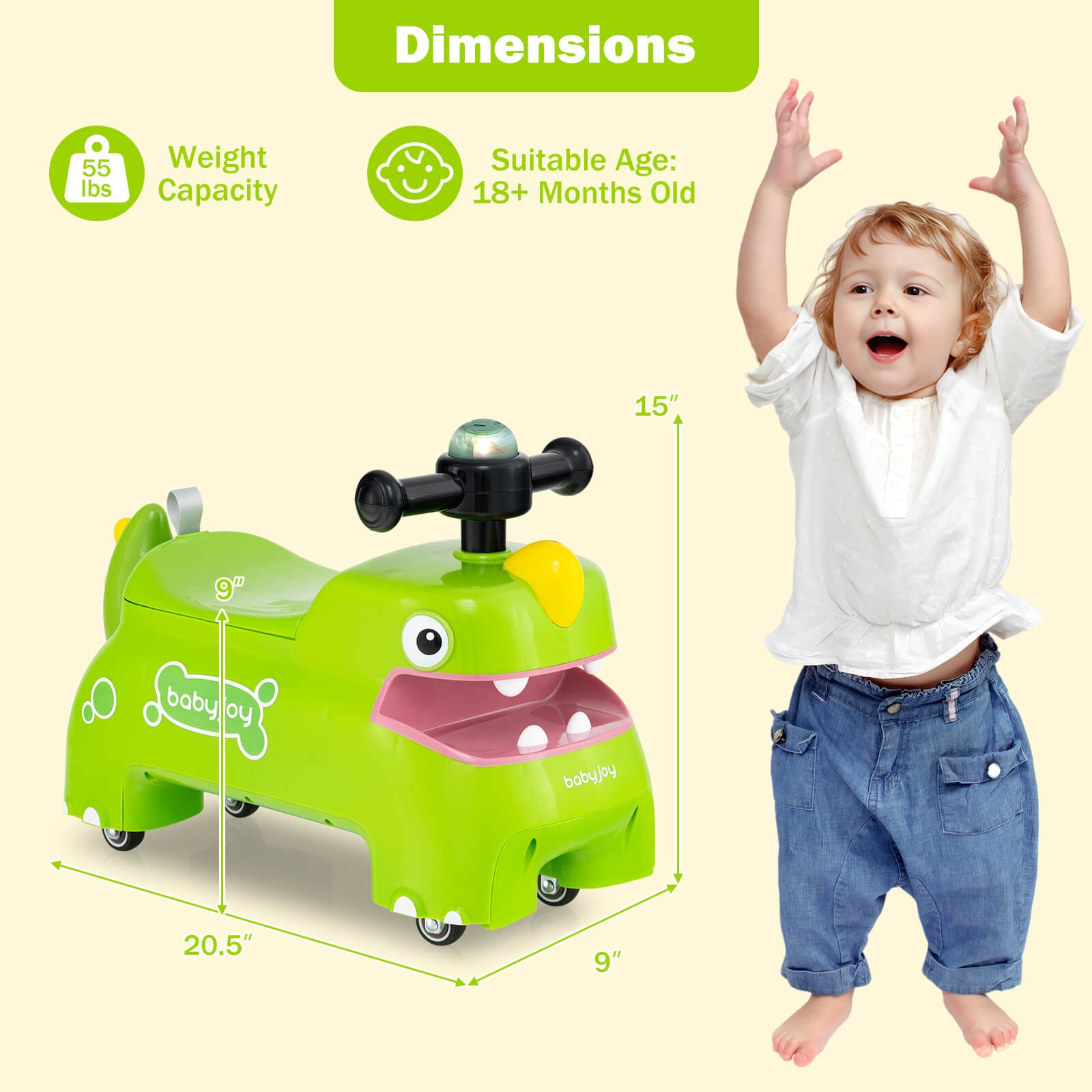 Ride on Toy Baby Dinosaur Sliding Car w/ 4 Universal Casters Under-Seat Storage