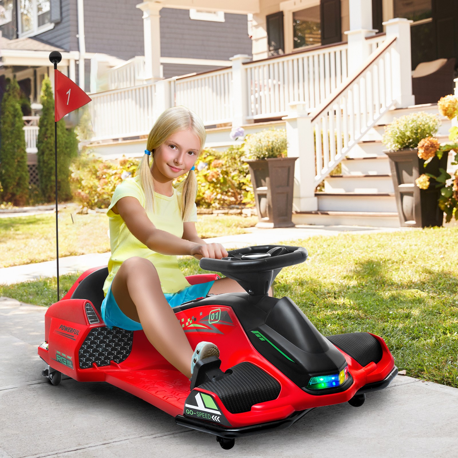 12V Electric Drifting Go Kart w/ Slow Start, Music, Lights, Red