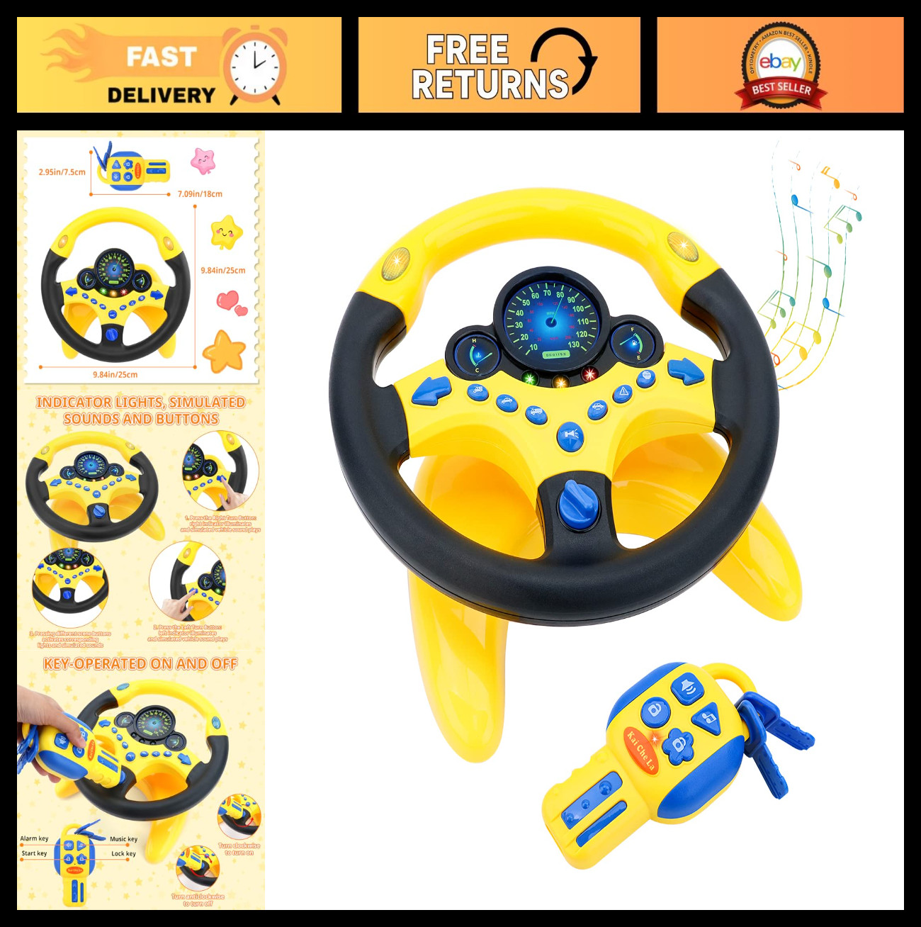 Kids Backseat Steering Wheel Toy with Lights & Music – Pretend Driving Gift (Yel