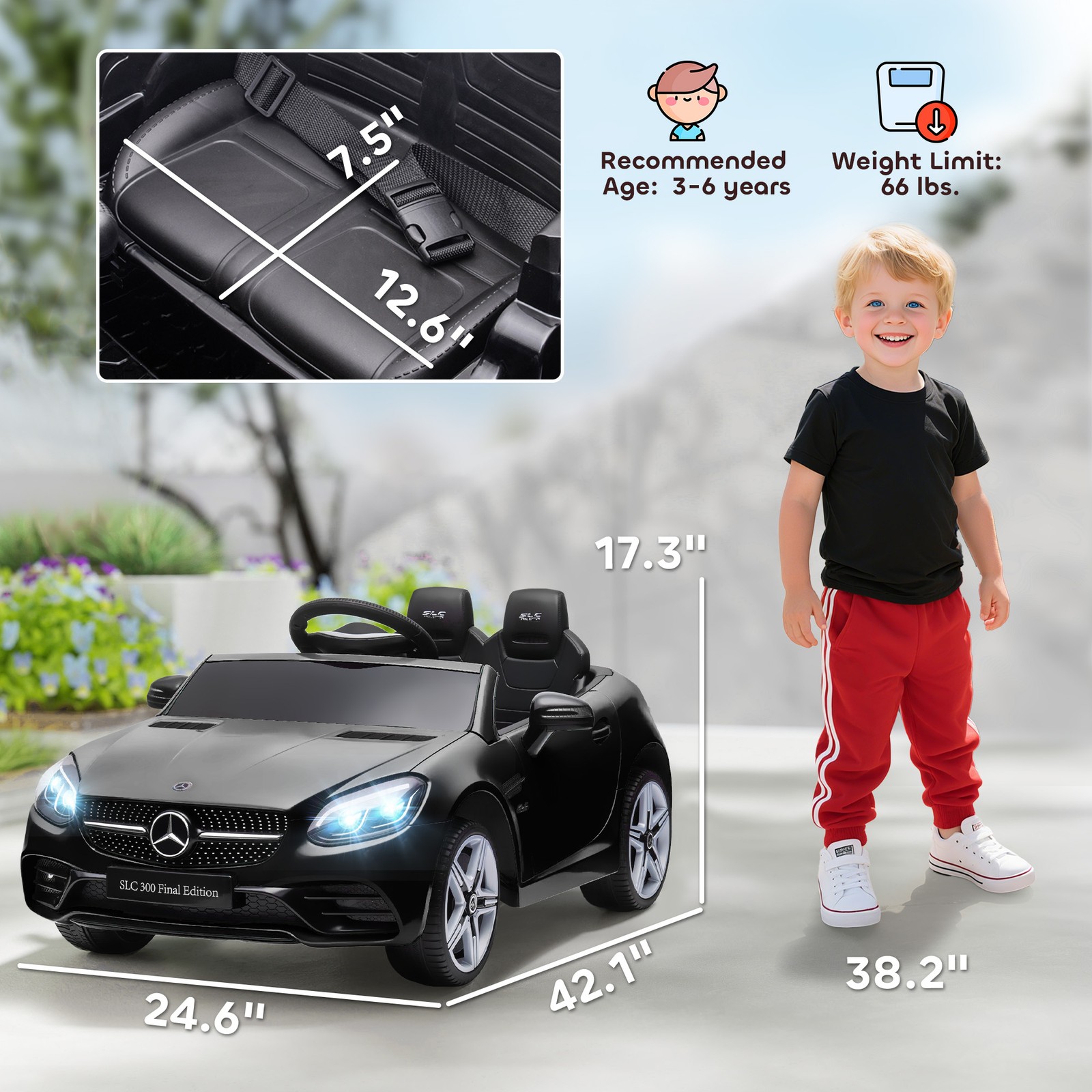 12V Electric Cars for Kids w/ Parental Remote, Two Motors, Music Lights Black