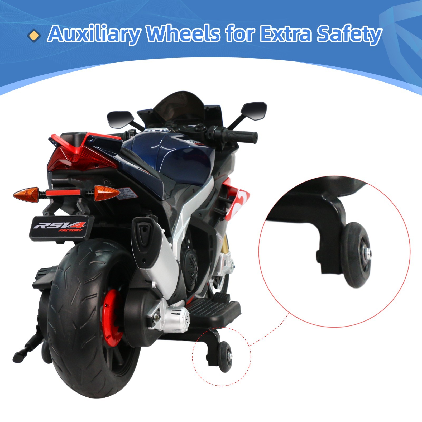 Blue Aprilia 24V Kids Electric Motorcycle 6mph Dirt Bike Ride on Toy w/Bluetooth