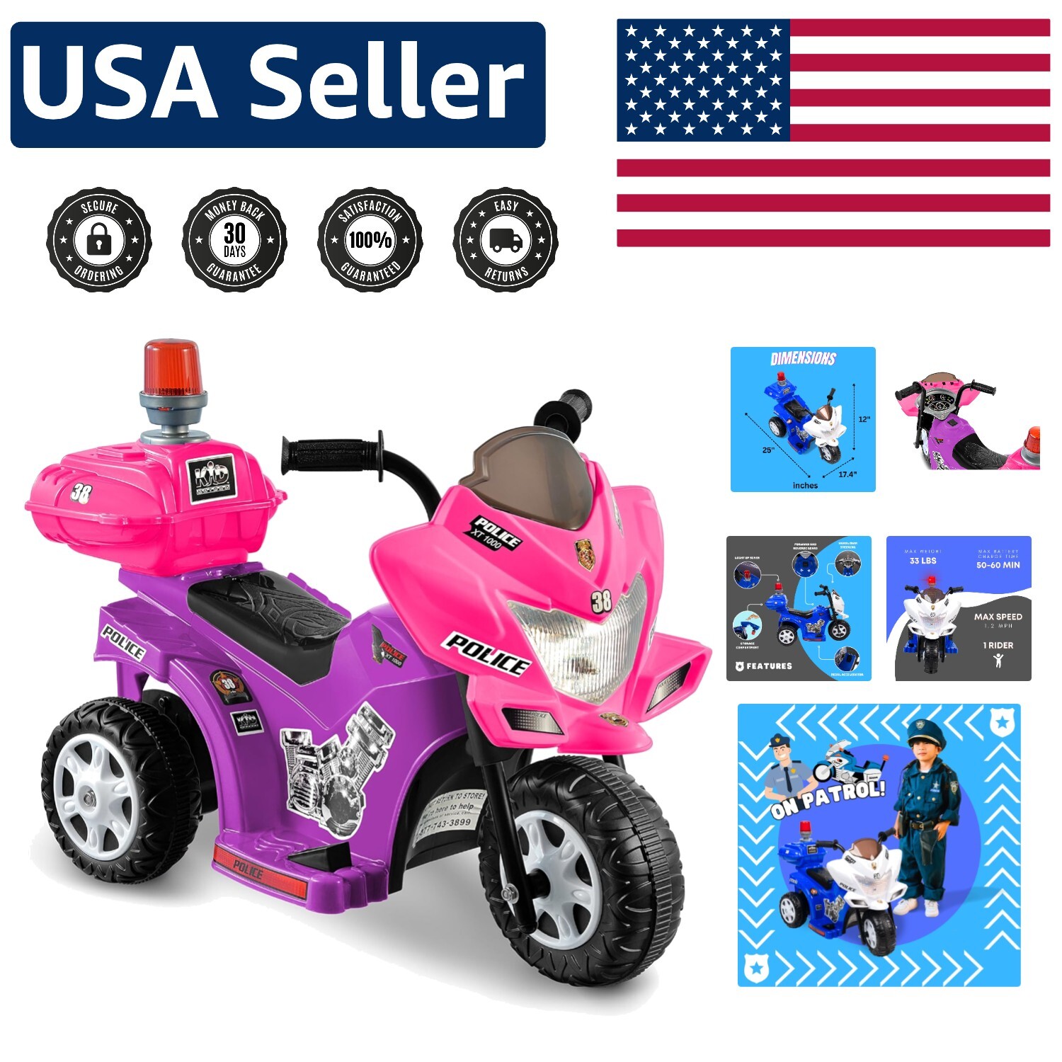 Imaginative Lil Patrol Ride-On for Kids, 6V, Purple and Pink, Ages 18+