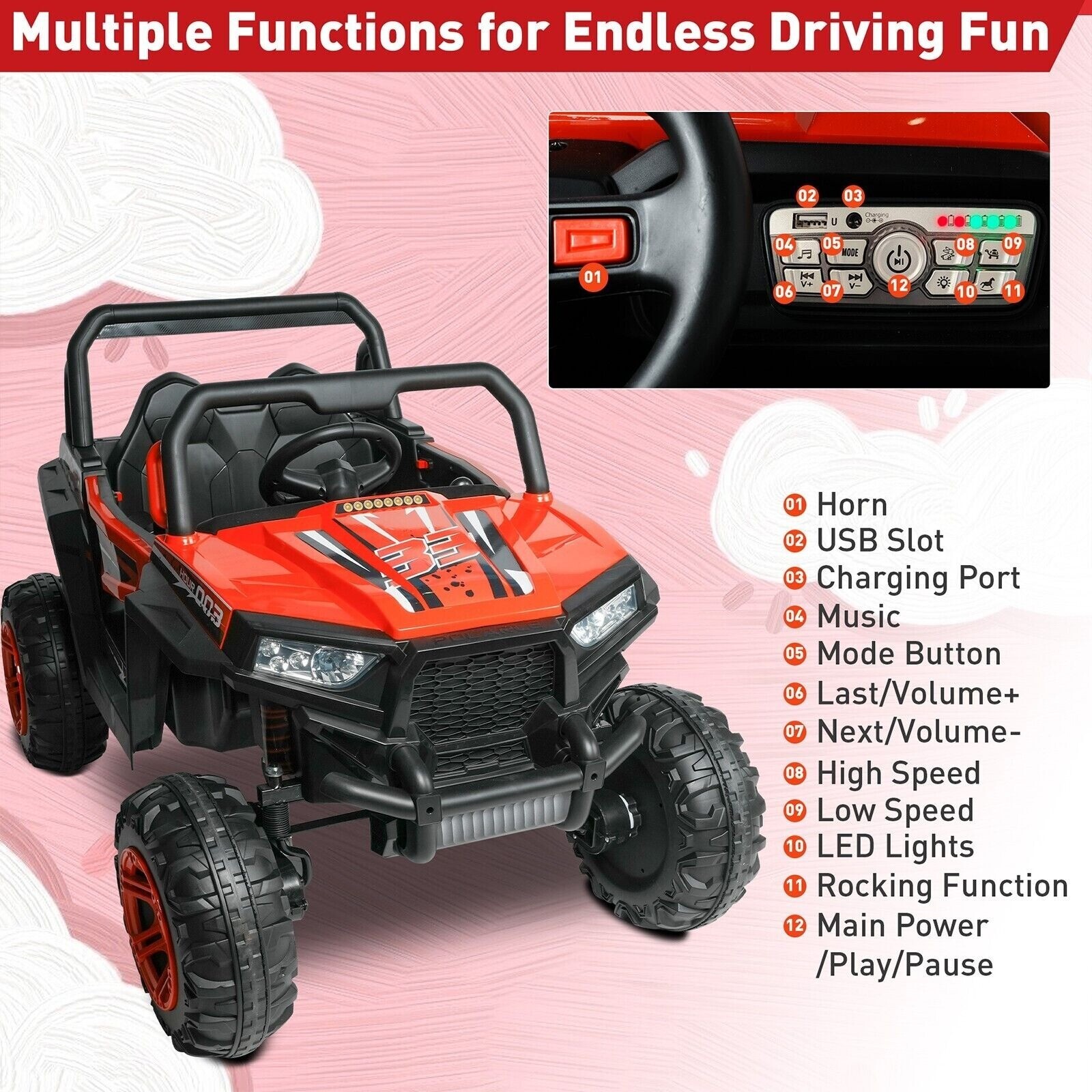 VILOBOS Electric Car Kids Ride On Toy 12V 4WD Remote Control Swing Ages 3-8 Gift