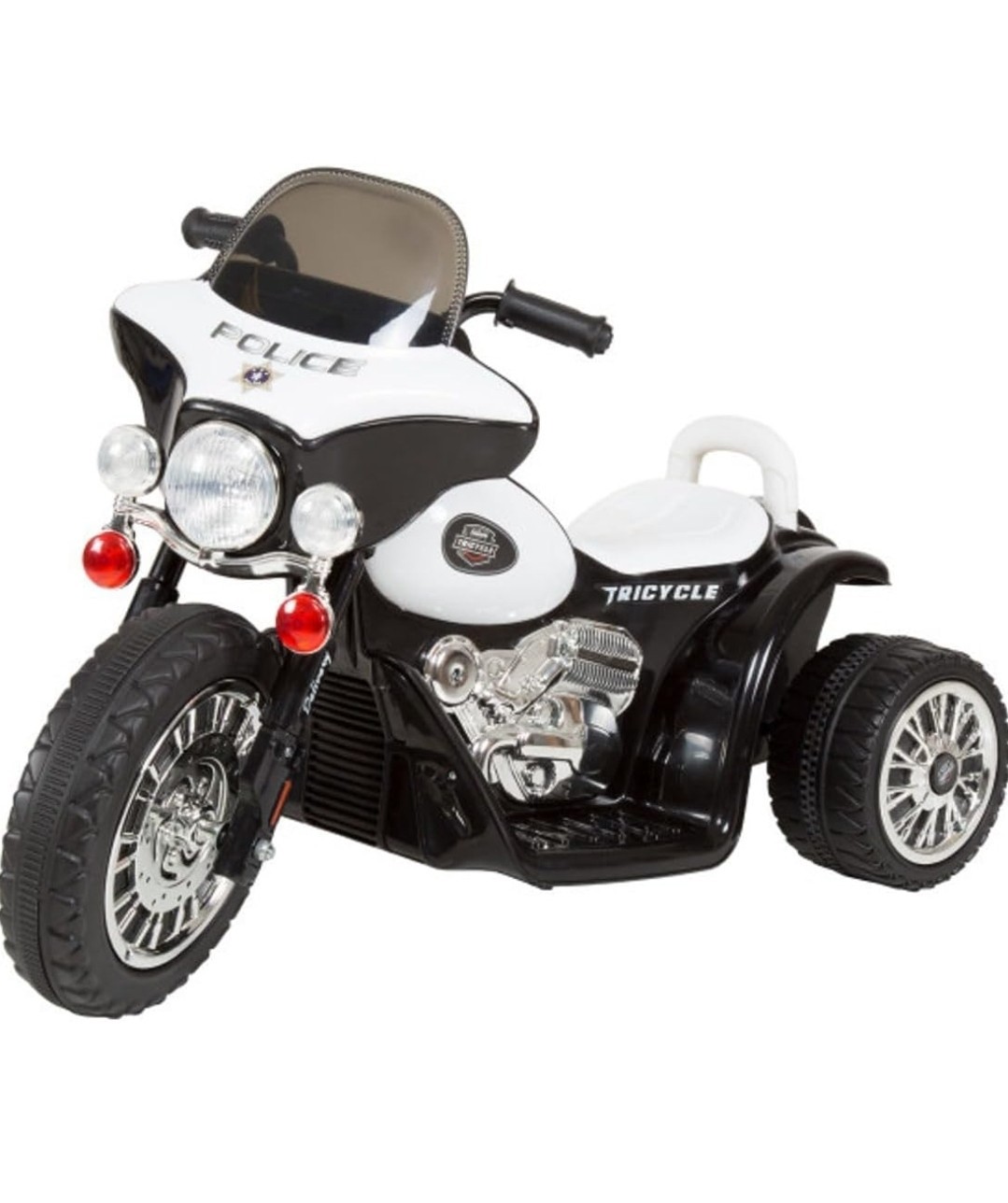 Kids Electric Police Motorcycle 3-Wheel Ride, Reverse, Headlights, Decals, Black