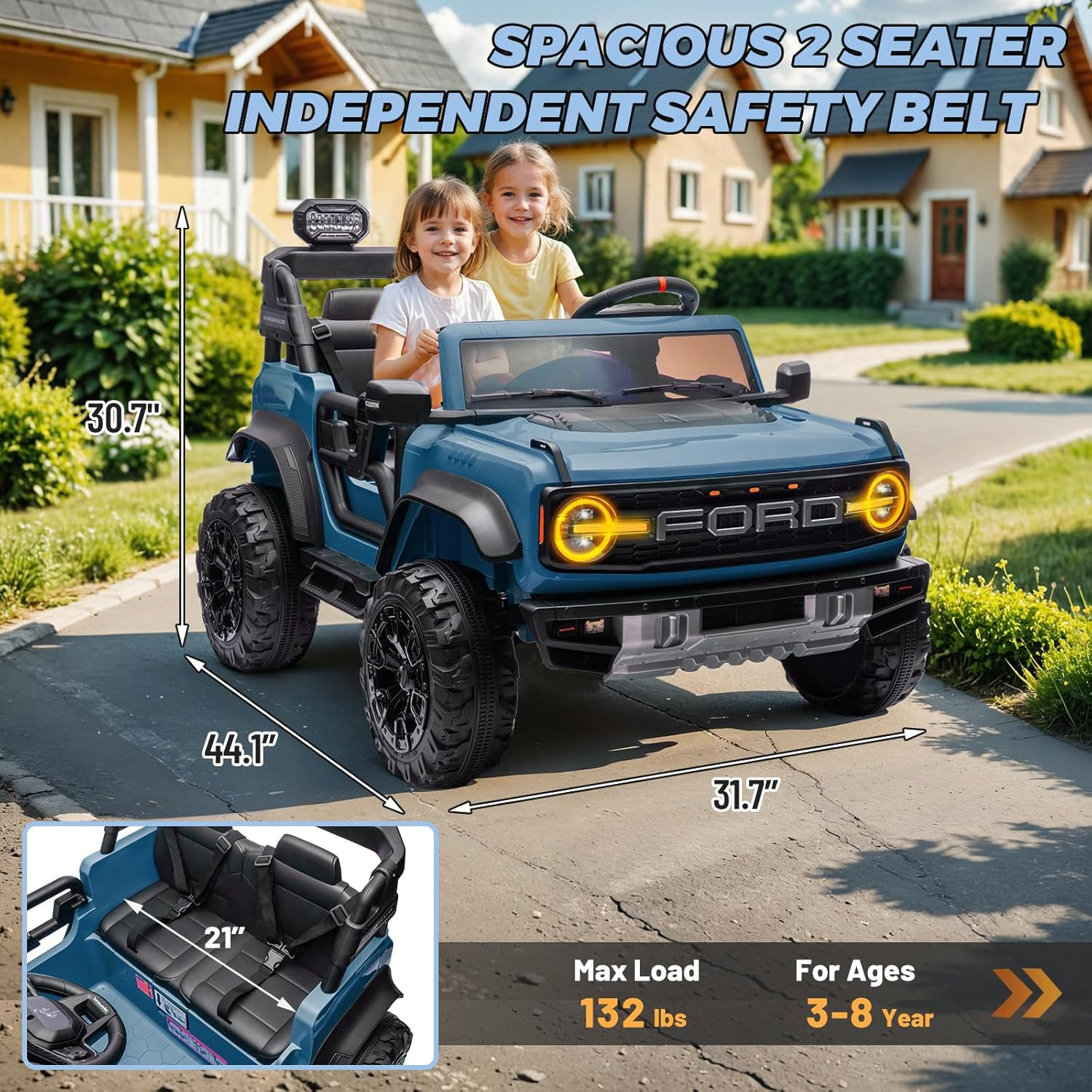 ENYOPRO 2 Seater Ride on Car for Kids, 24V Licensed Ford Bronco Raptor Electric