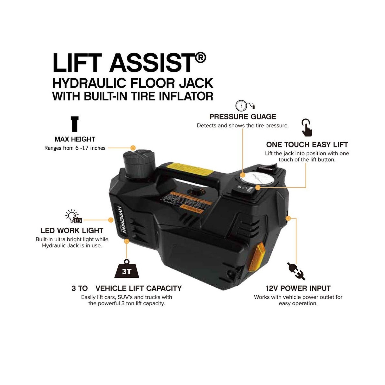 Hyperion Lift-Assist 12V Portable Hydraulic Floor Jack with Tire Inflator Air…