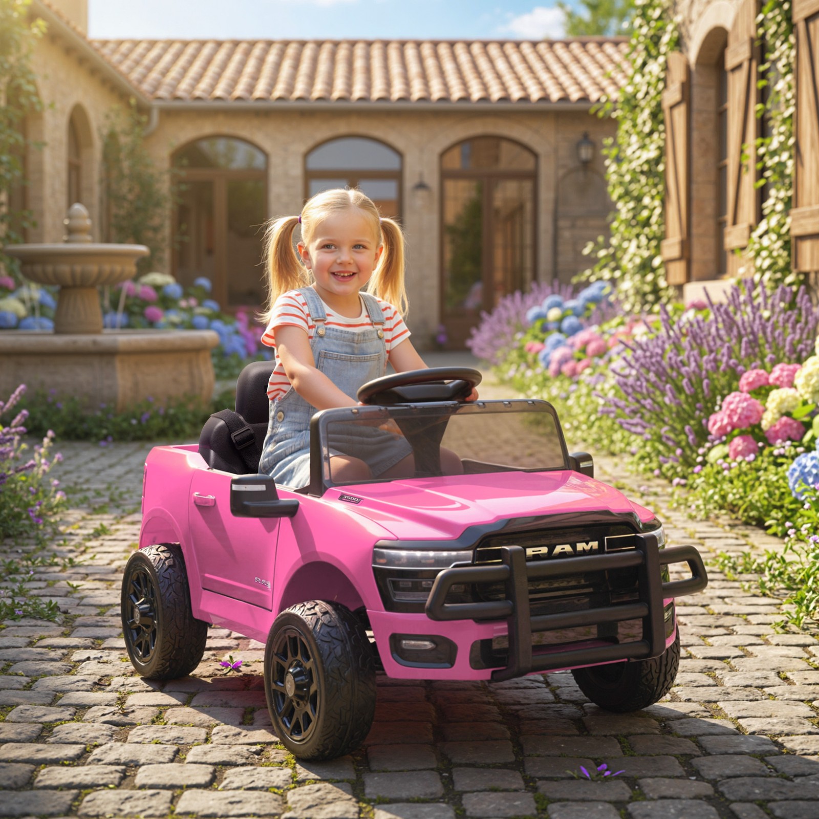 12V Licensed Dodge RAM 3500 Kids Ride on Car with Dual Motors, Pink