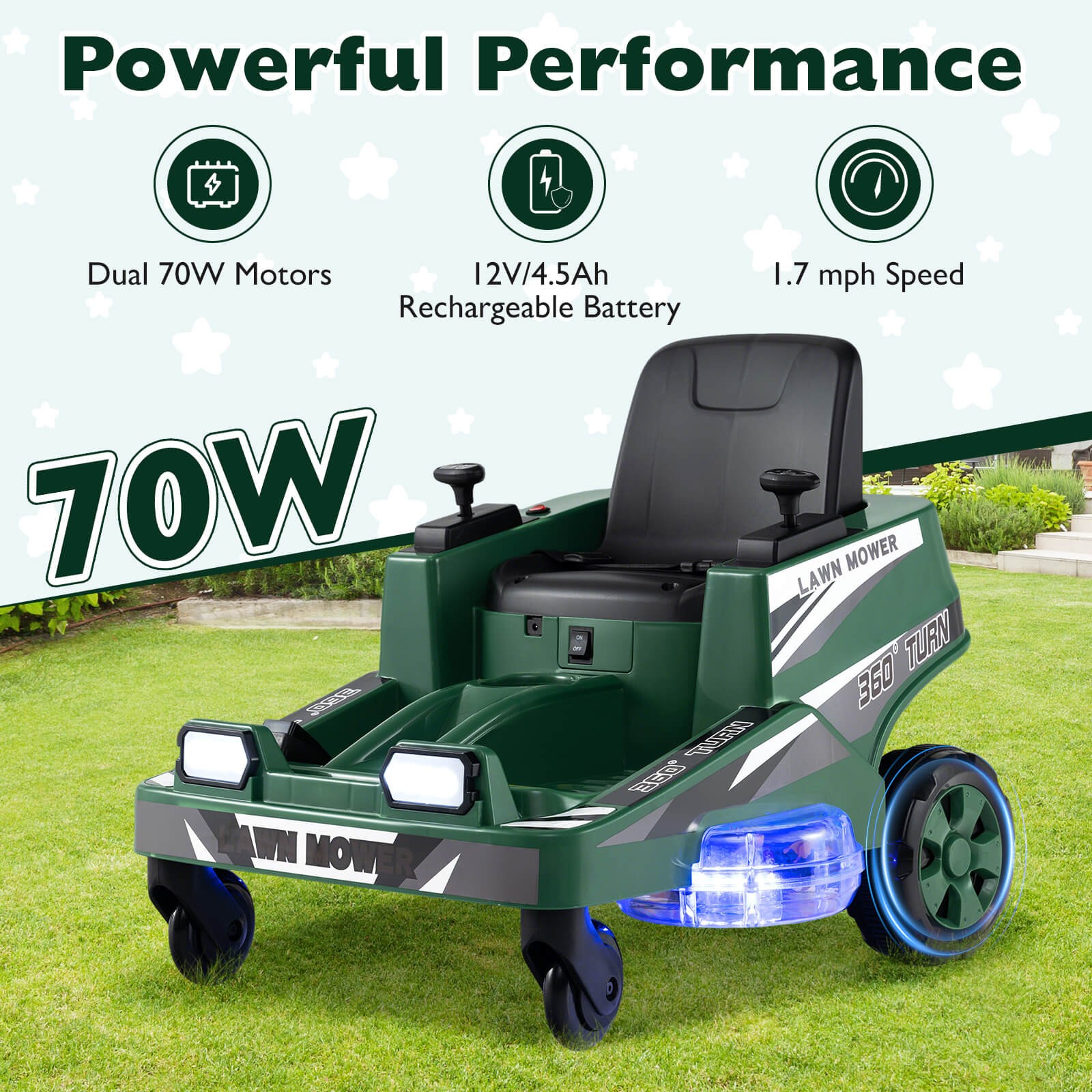 12V Ride on Lawn Mower w/Dual Control Sticks LED Lights Twist Turn for Aged 3-8
