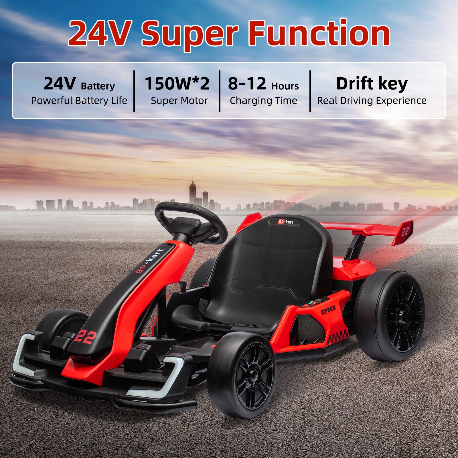 24V Electric Go Kart, Powerful Drift Kart with 2×150W Motors for kids Ages 6-12