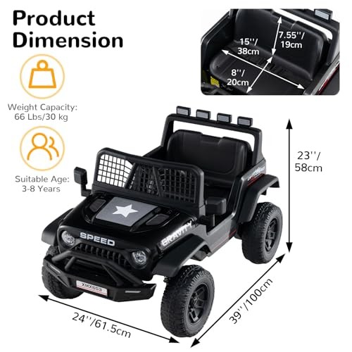 Black 24V Ride-On Car with Bluetooth, LED Lights, Horn, Spring Black