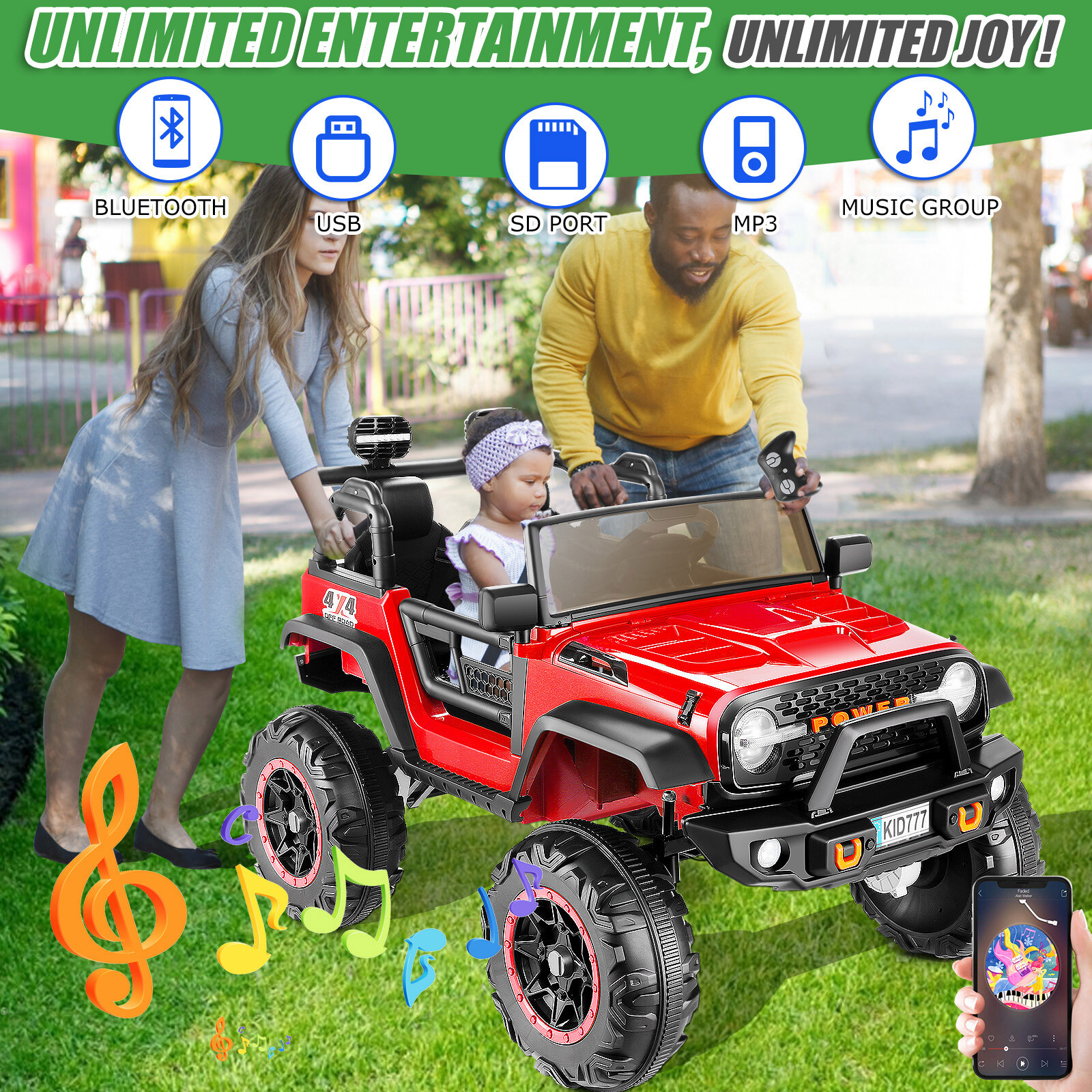 2 Seater Ride On Car for Kids 24V 400W Electric Jeeps Truck with Remote Control