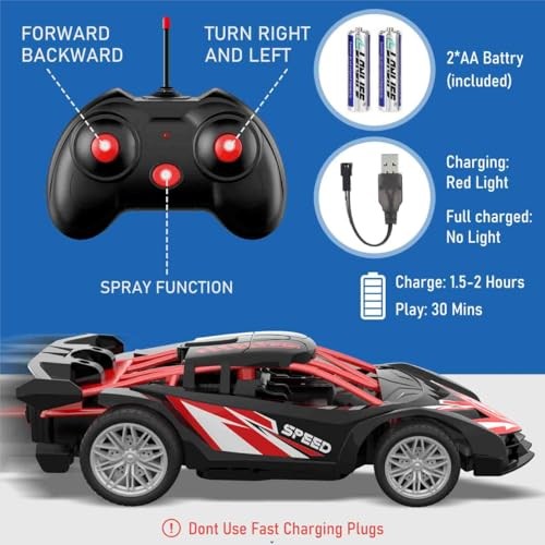 1/18 RC Car for Kids with Rechargeable Battery, LED Lights & Spray – Remote
