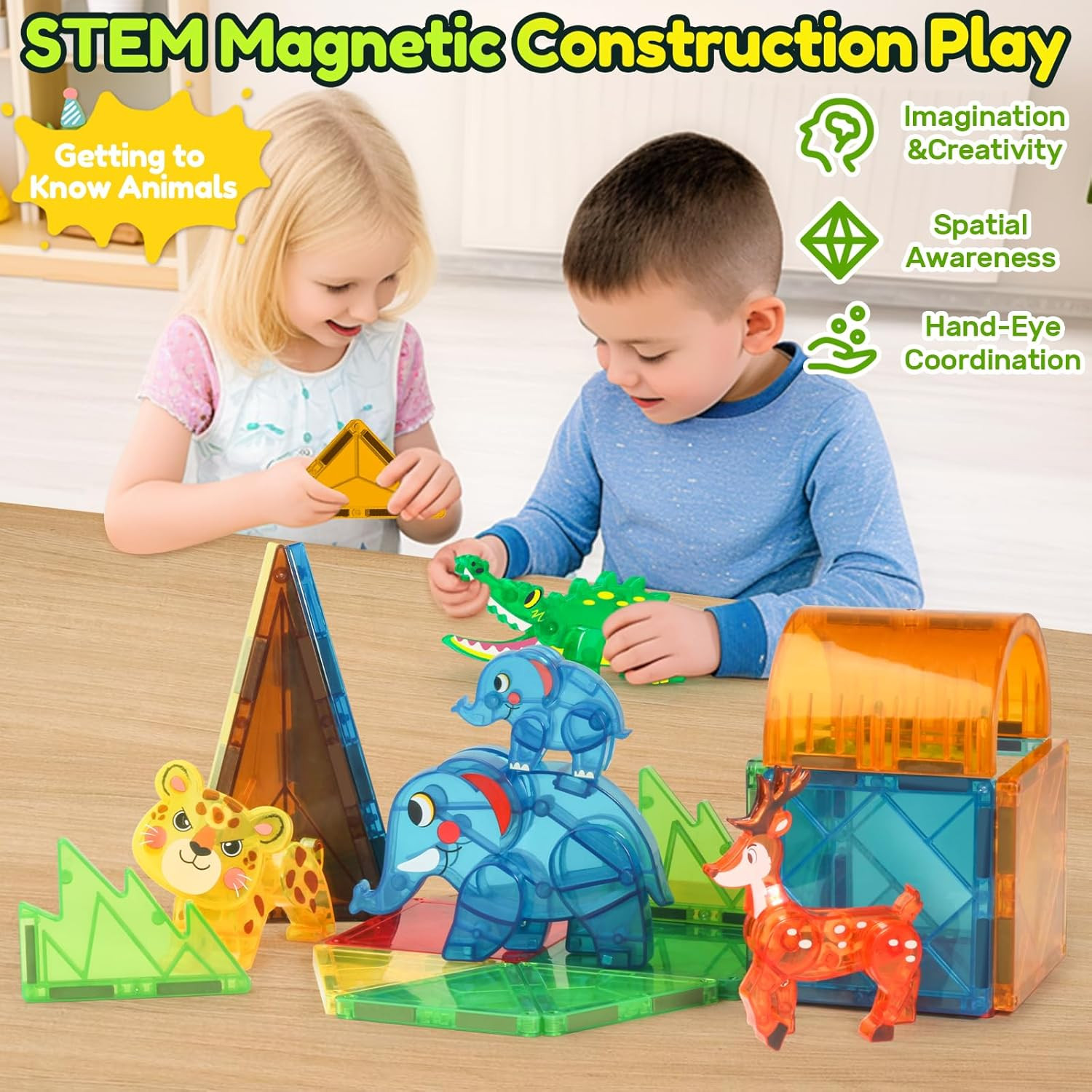 Jungle Animal Toys for Magnetic Tiles, 5Pcs Movable Joints Forest Magnetic Anima