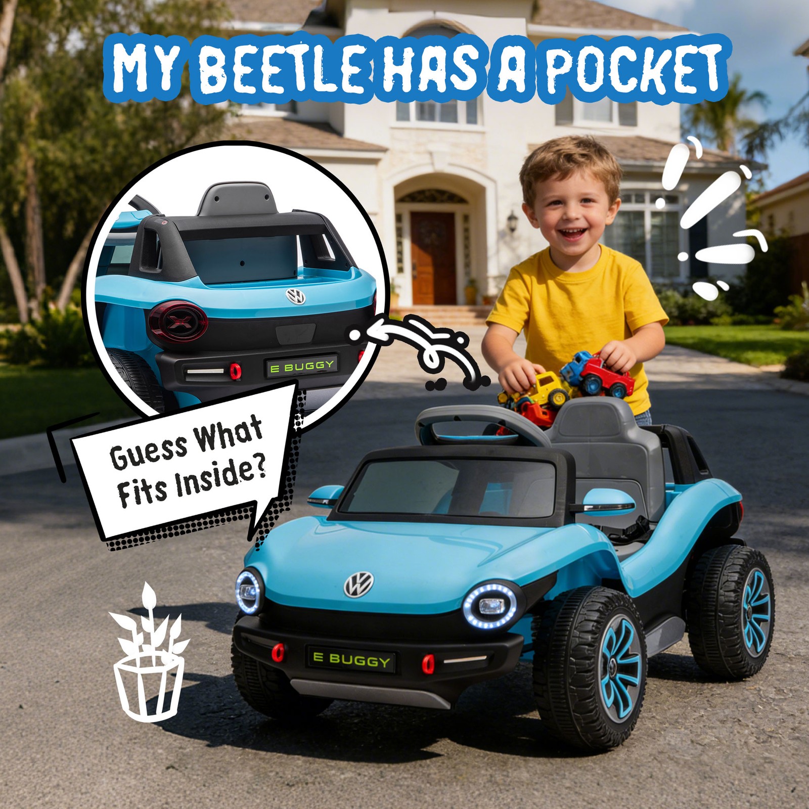 12V Licensed VW Beetle, 2.4G Remote, 2WD, Suspension, Bluetooth & USB, 3-5Y