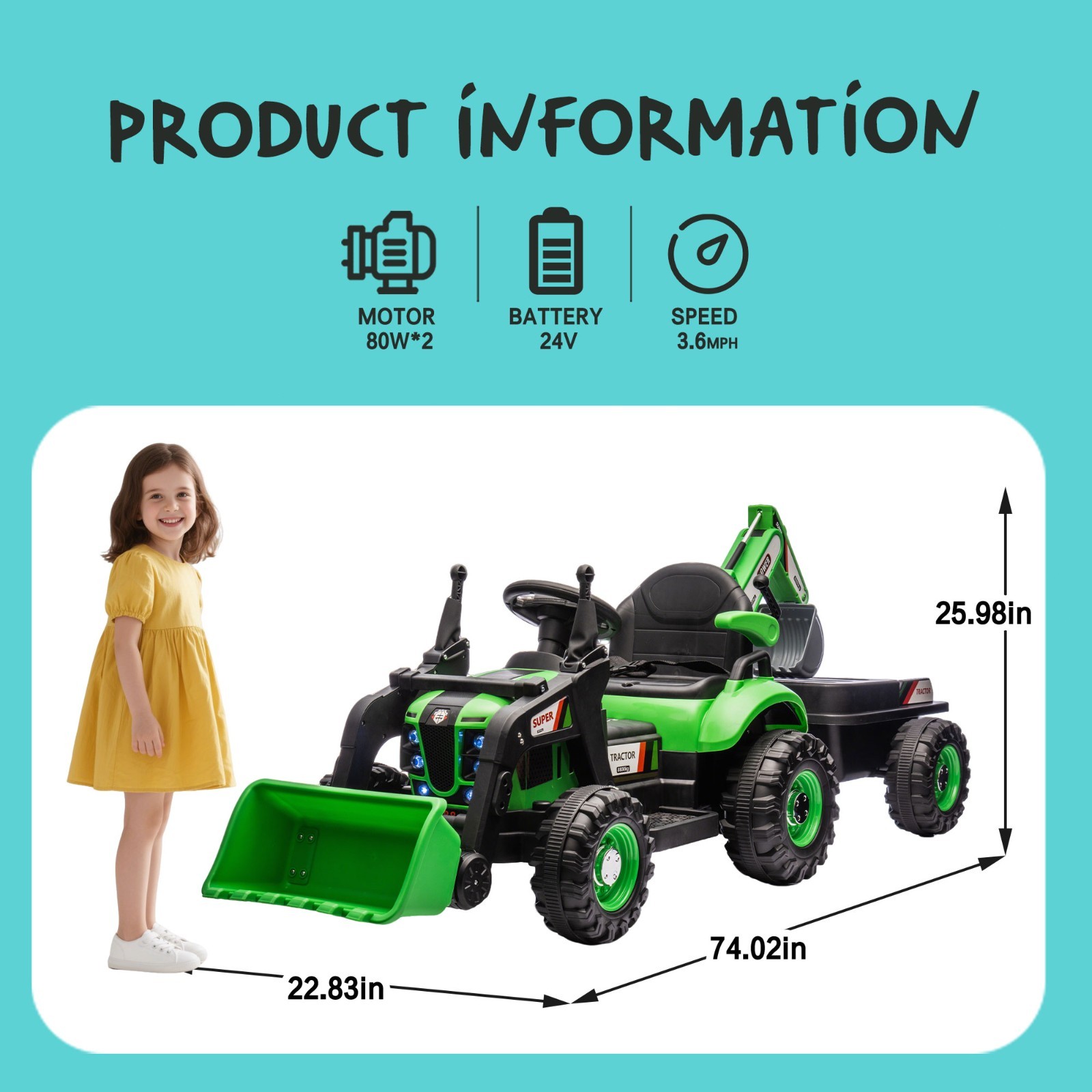 24V Kids Ride On Tractor Electric Car w/Remote, LED Tail-light,3 Speed Toy,Green