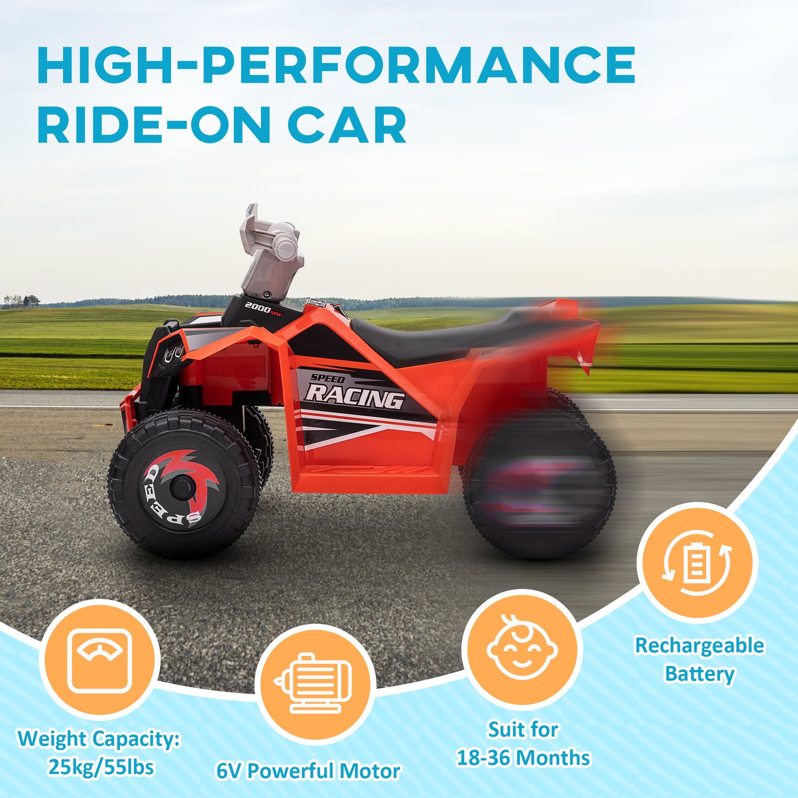 Kids ATV Quad Car, 6V Four-Wheeler w/ Forward Backward, Red