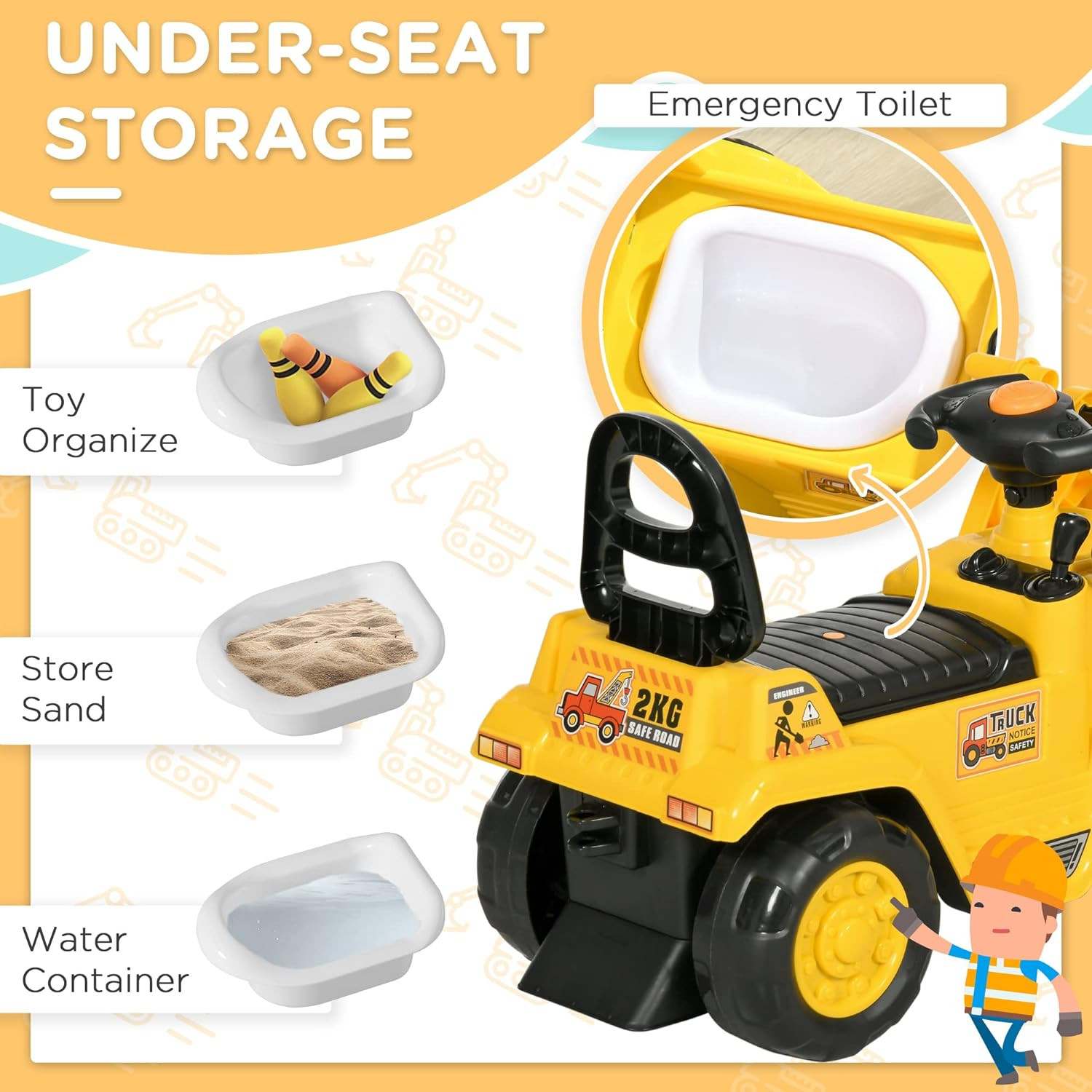Ride on Excavator, Kids Bulldozer Pull Cart with Horn, under Seat Storage, Sit a