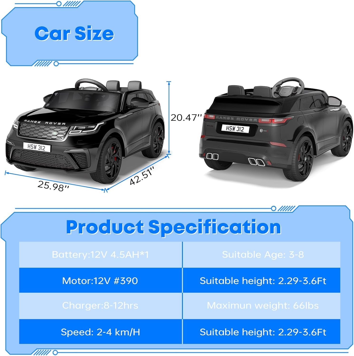 Kids Electric Car with Remote Control,4.5AH Battery,2 Motors,3 Control Modes