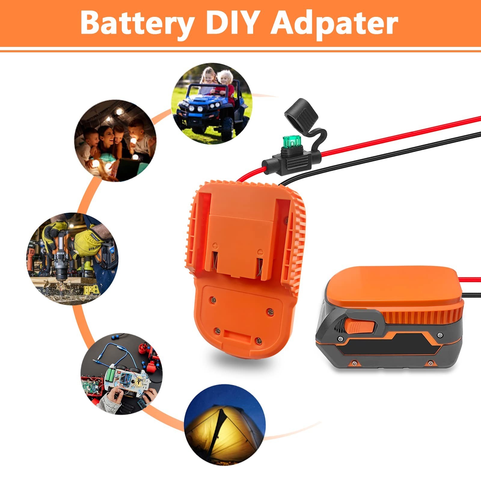 Power Wheels Adapter for 18V Battery, Hyper Dock Connector, 14AW Wire & Fuse, DI