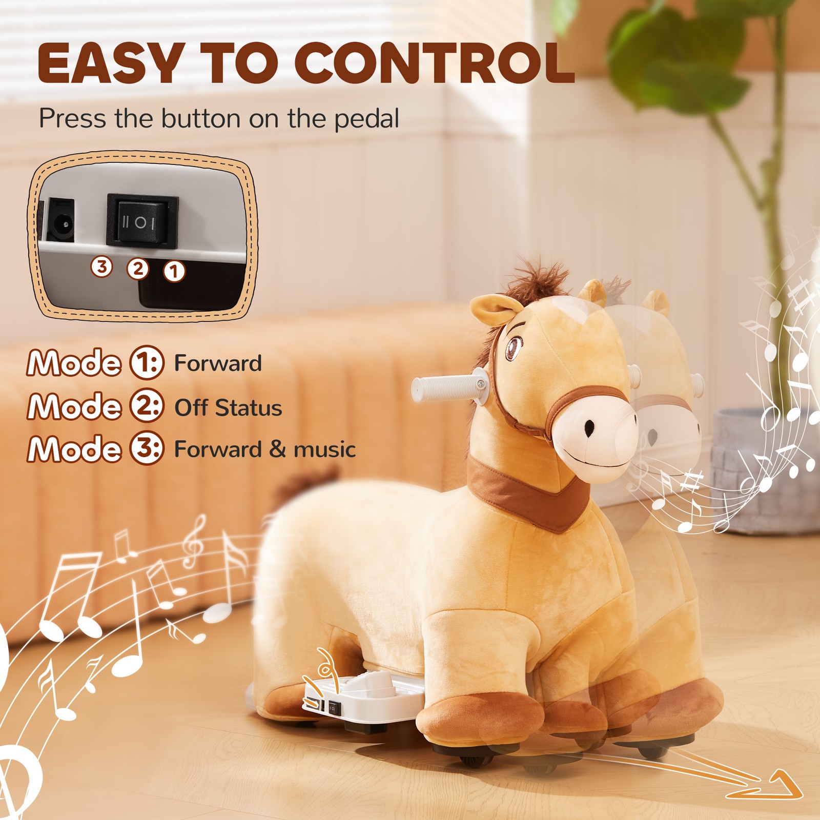 6V Electric Ride on Horse with Music Forward, PU Wheels, Brown