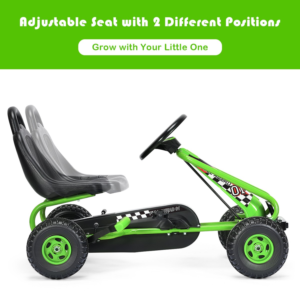 Kids Pedal Go Kart 4 Wheel Ride On Toys w/ Adjustable Seat & Handbrake Green