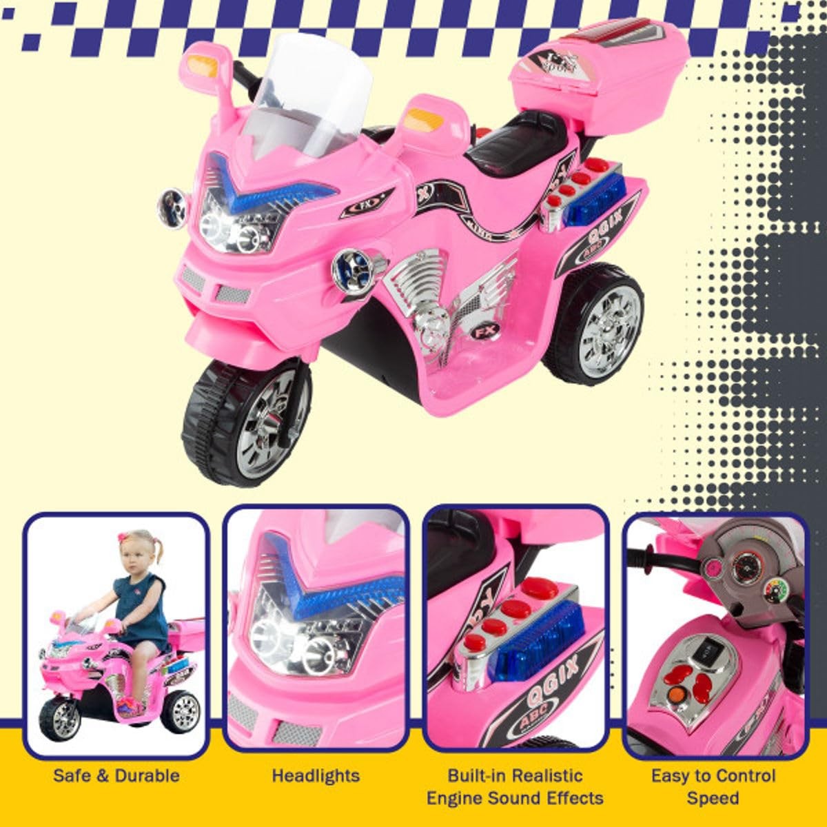 Kids Motorcycle – 3-Wheel Ride on Toy with Reverse, Sounds, and Headlights – 6V