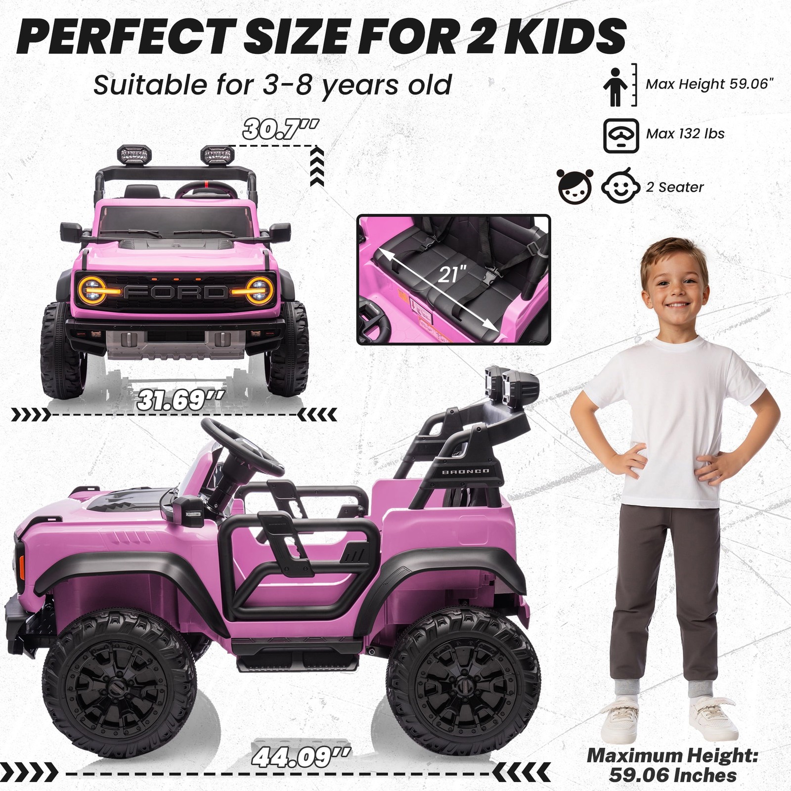 Licensed Ford Bronco Raptor 24V Ride-On Car with Remote, Bluetooth, Pink