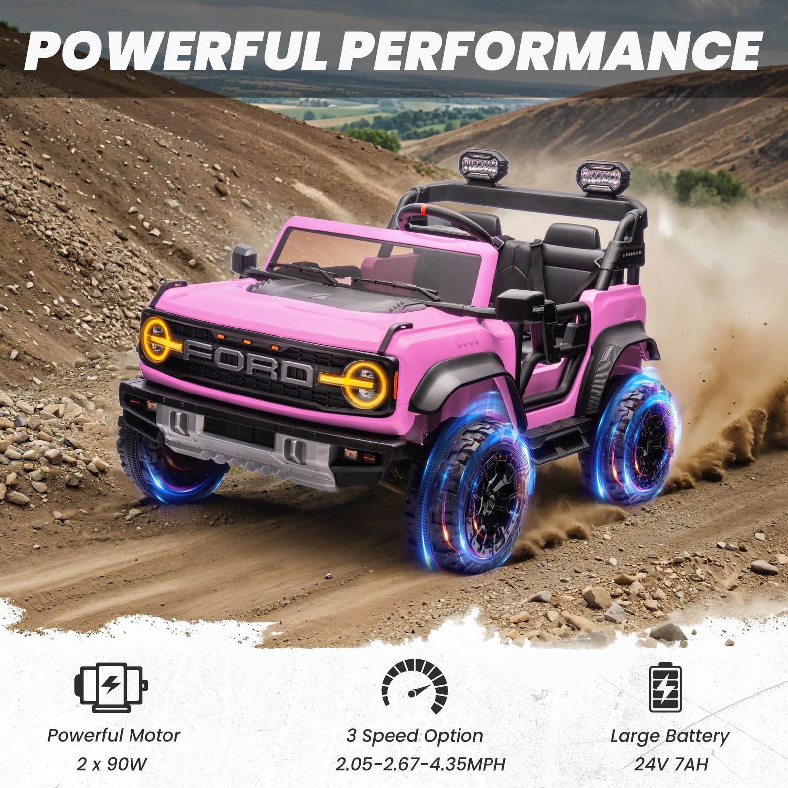Licensed Ford Bronco Raptor 24V Ride-On Car with Remote, Bluetooth, Pink