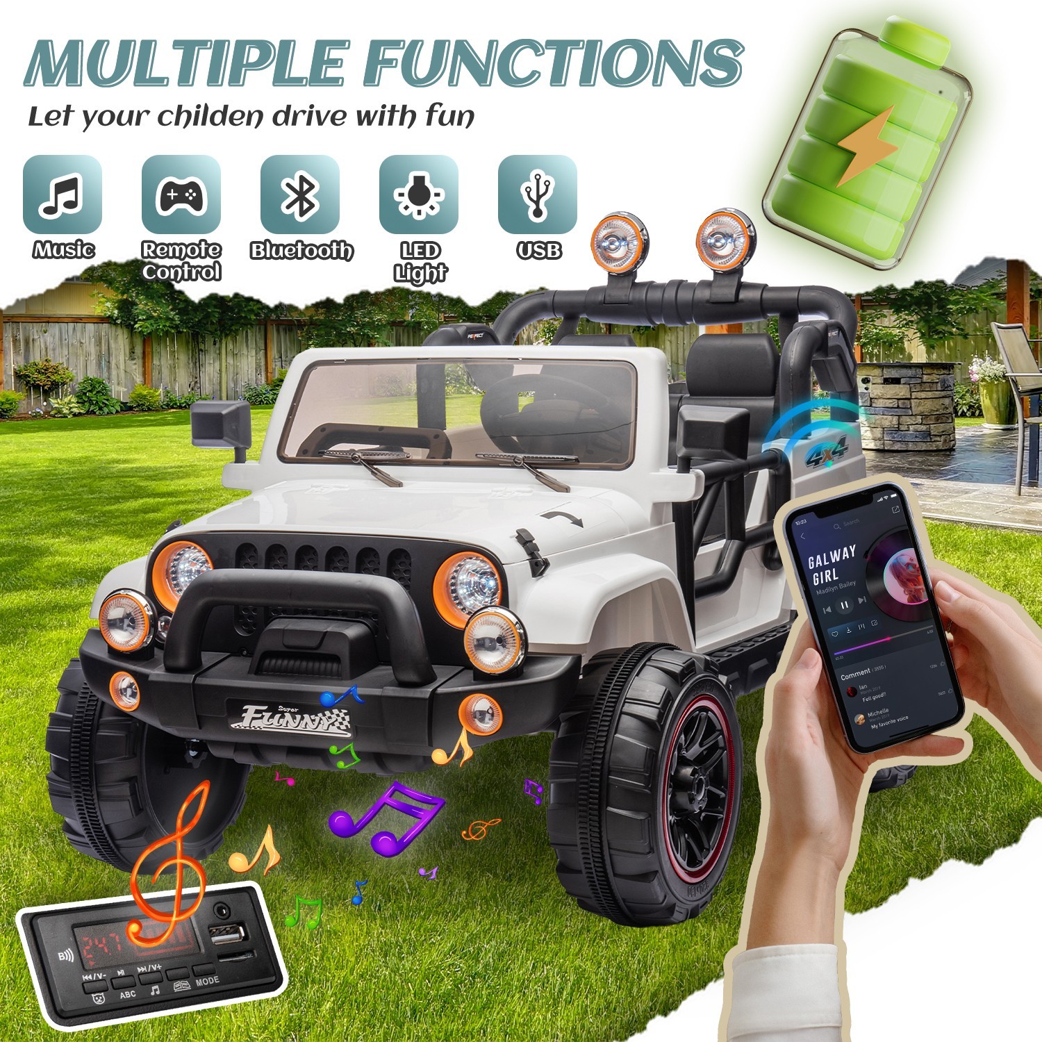 24V Kids Electric Car Ride on Toys w/Remote,LED, Storage,7AH Big Battery, White