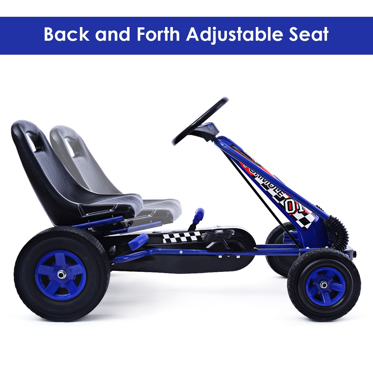 Honeyjoy Go Kart 4 Wheel Pedal Powered Kids Ride On Toy w/ Adjustable Seat Blue